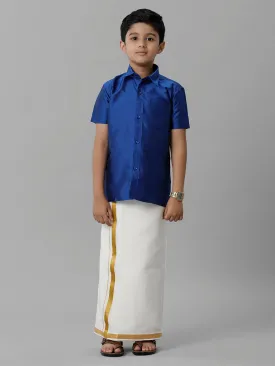 Boys Silk Cotton Light Blue Half Sleeves Shirt with Adjustable Cream Dhoti Combo K5