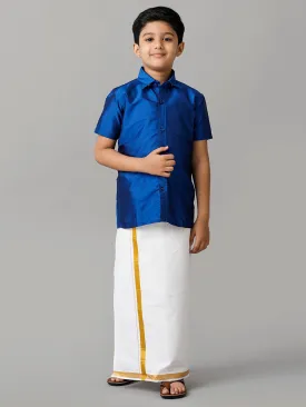 Boys Silk Cotton Light Blue Half Sleeves Shirt with Adjustable White Dhoti Combo K5