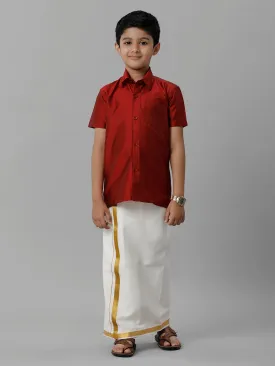 Boys Silk Cotton Red Half Sleeves Shirt with Adjustable Cream Dhoti Combo K8