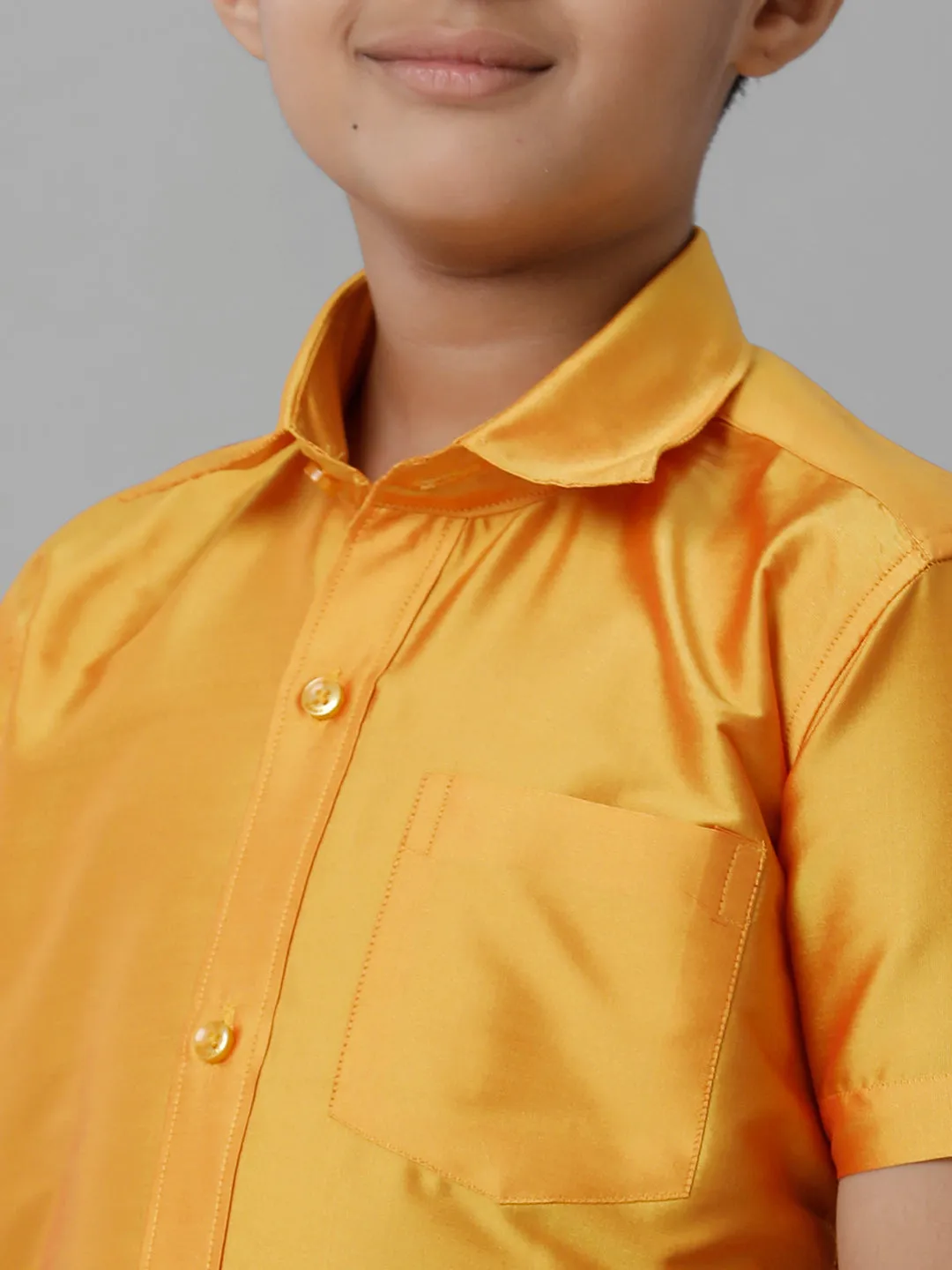 Boys Silk Cotton Yellow Half Sleeves Shirt with Adjustable Cream Dhoti Combo K6