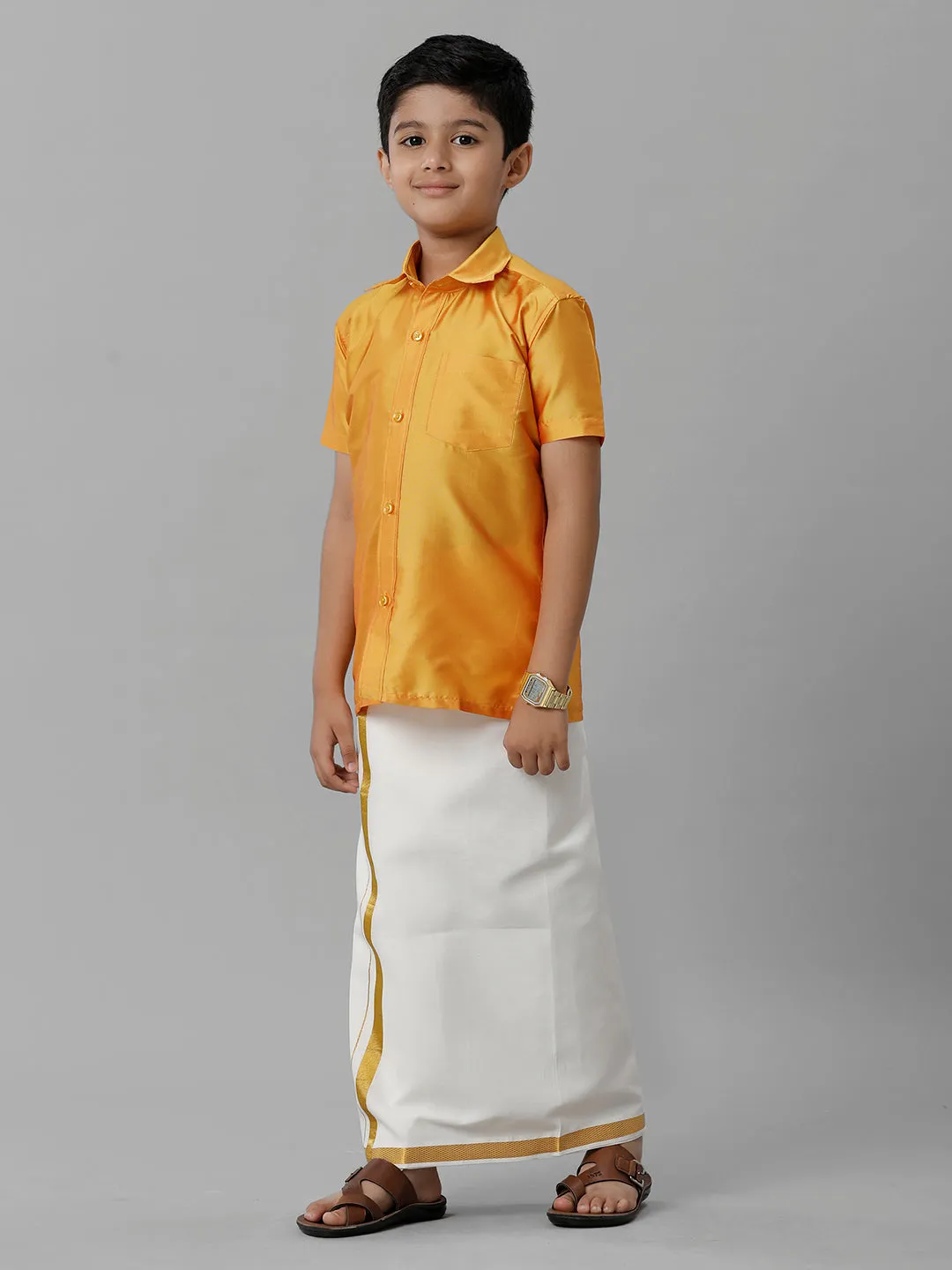 Boys Silk Cotton Yellow Half Sleeves Shirt with Adjustable Cream Dhoti Combo K6