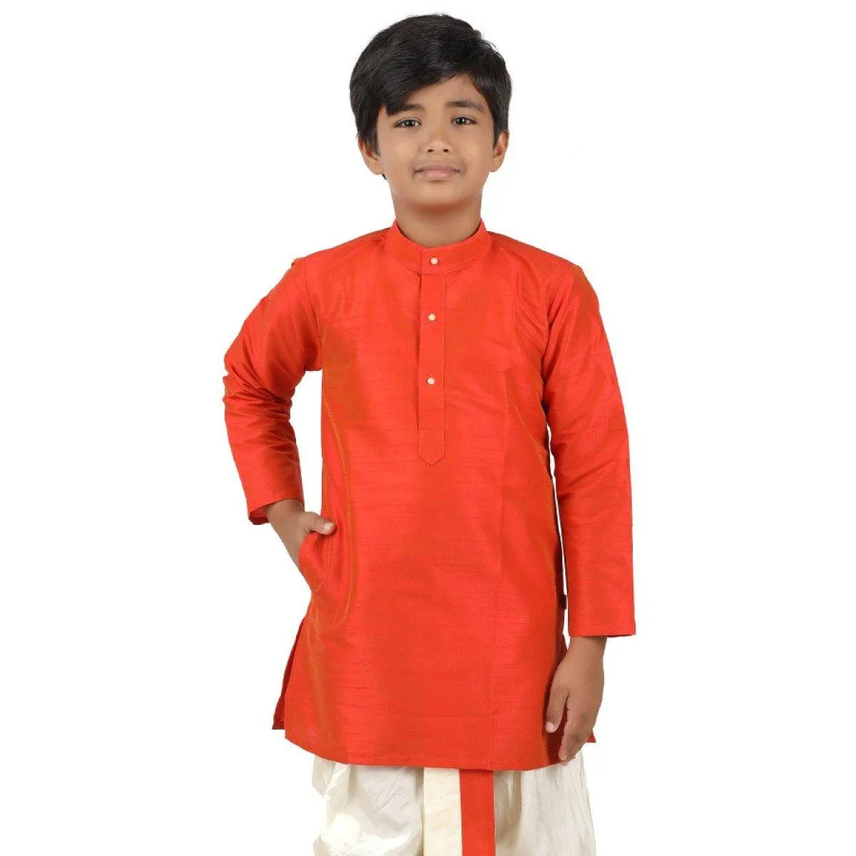 Boys Slub Kurta Panchakacham Set Fire Brick