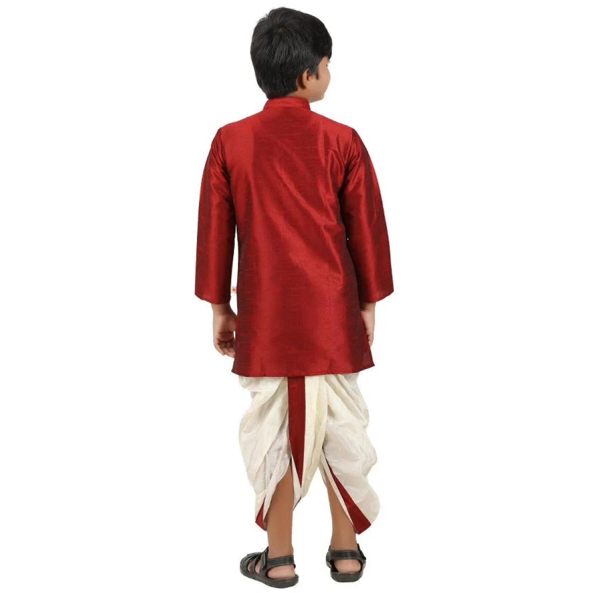 Boys Slub Kurta Panchakacham Set Maroon