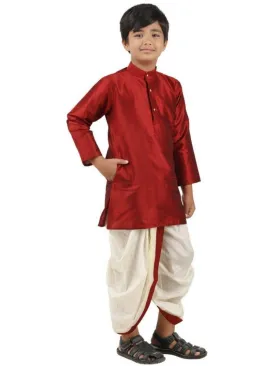 Boys Slub Kurta Panchakacham Set Maroon