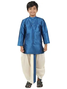 Sapphire Blue Boys Slub Kurta Panchakacham Set - Stylish Traditional Attire