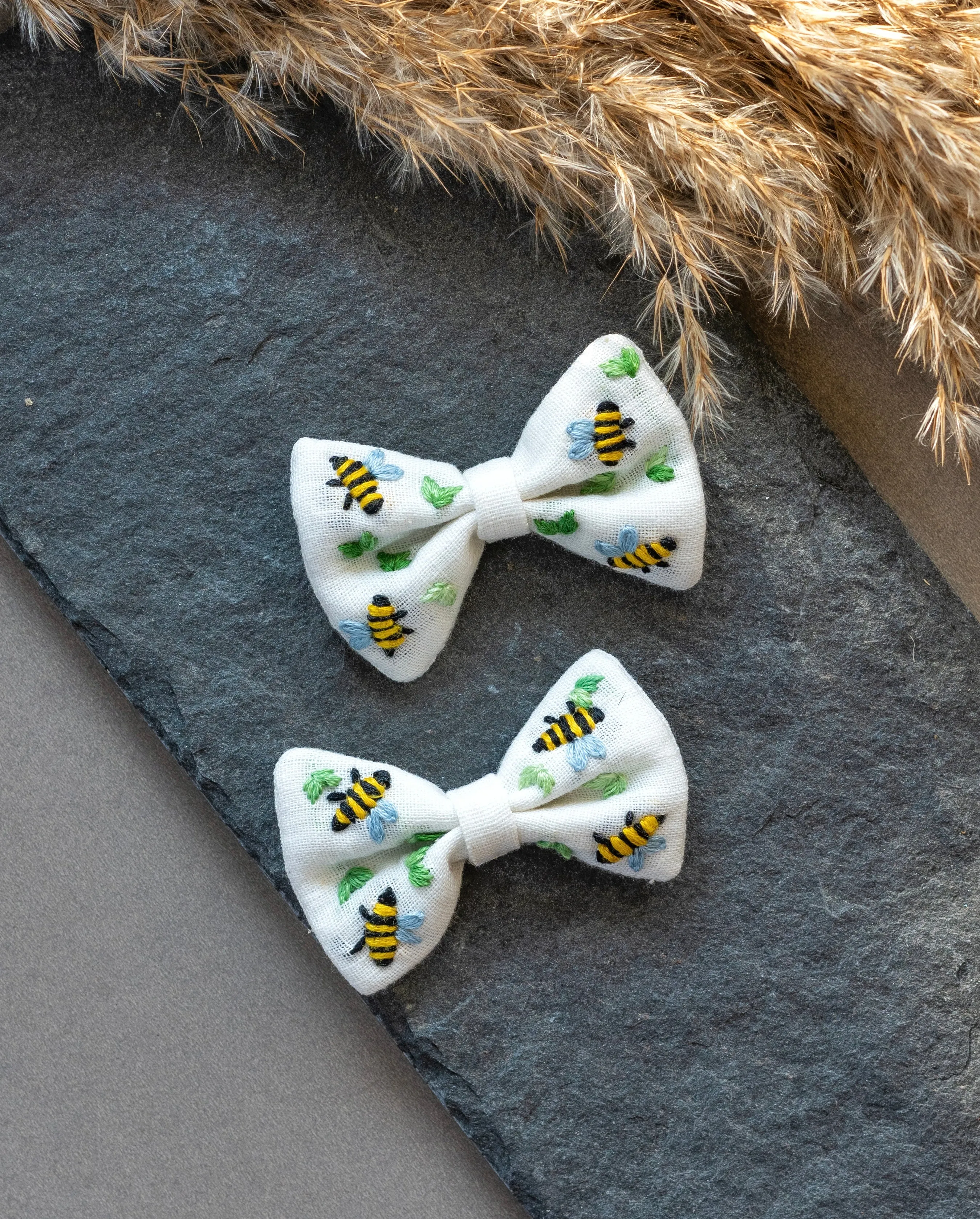 Bumble Bee Embroidered Cotton Hair Bows for Kids