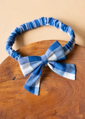 Checked Bow Headband - Blue