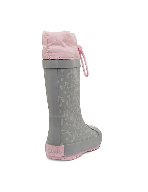 Clarks PUDDLES Gumboots in Grey Leopard (Size 23-35)