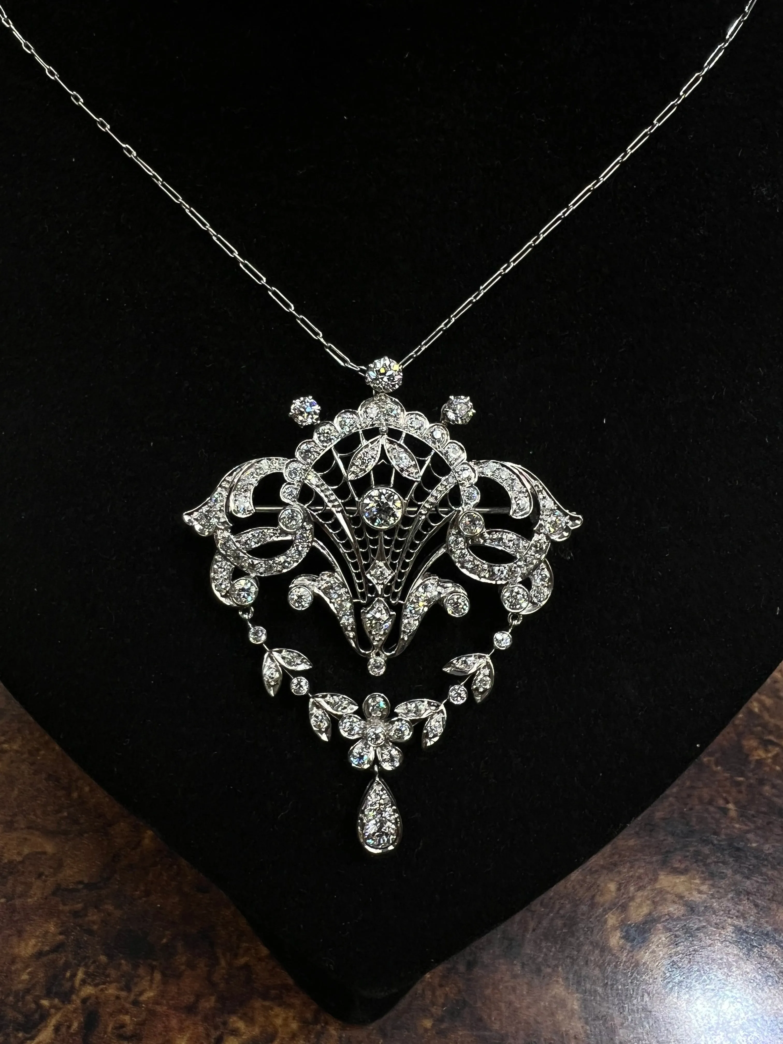 Edwardian Old European Diamond Platinum Brooch Pendant Necklace Circa 1910