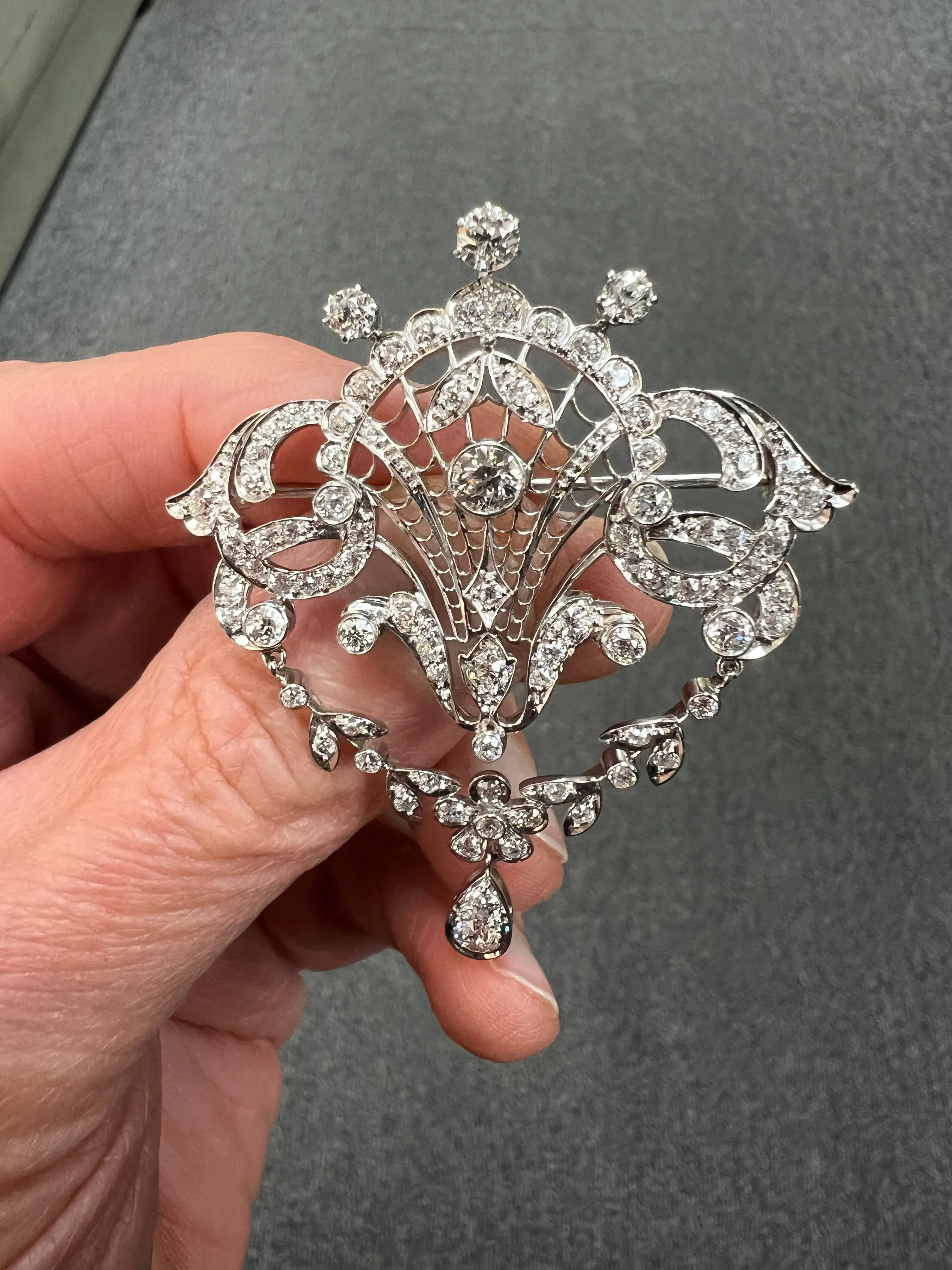 Edwardian Old European Diamond Platinum Brooch Pendant Necklace Circa 1910