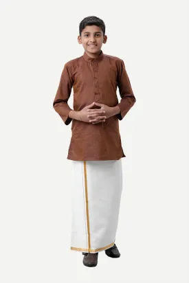 Exotic - Dark Brown Kurta and Matching Fixit Dhoti 2 In 1 Set For Kids | Uathayam