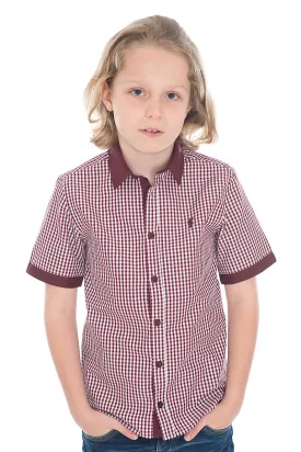 Father Sons Boys Burgundy Check Contrast Short Sleeve - FSB009 (LAST CHANCE)