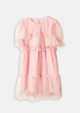 Girls Pink Spot Printed Mesh Dress