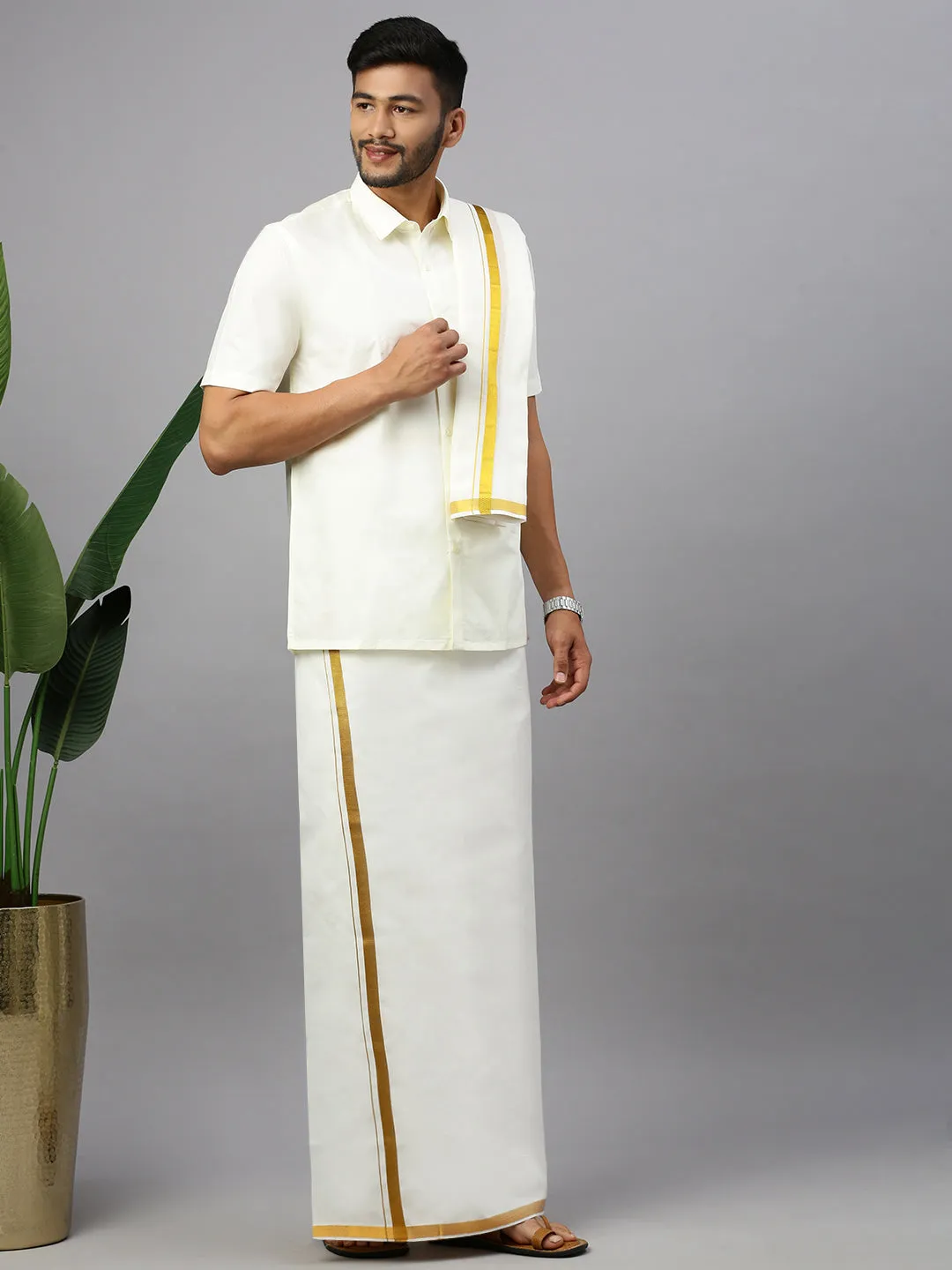 Like Father Like Son Cream Half Sleeves Shirt Dhoti & Towel Set Combo