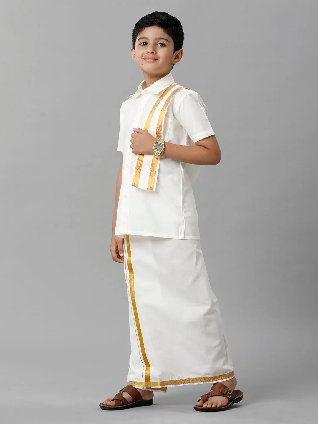 Like Father Like Son Cream Half Sleeves Shirt Dhoti & Towel Set Combo