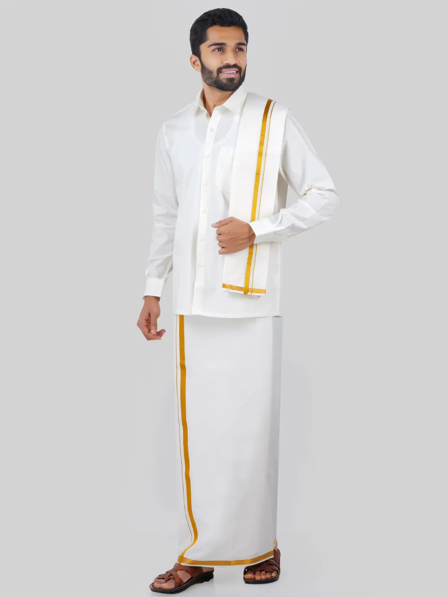 Like Father Like Son Full Sleeves Cream Shirt Dhoti & Towel Set Combo