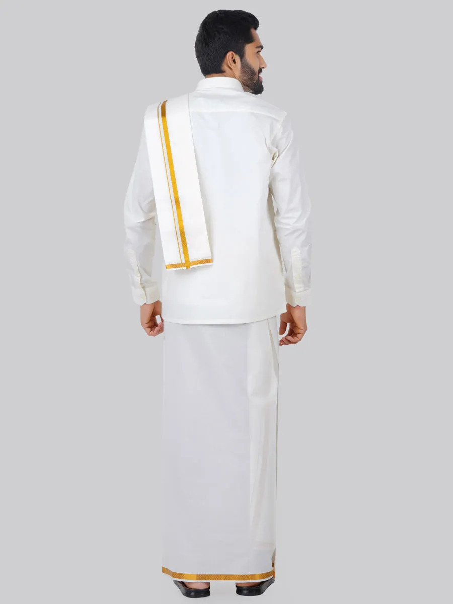 Like Father Like Son Full Sleeves Cream Shirt Dhoti & Towel Set Combo