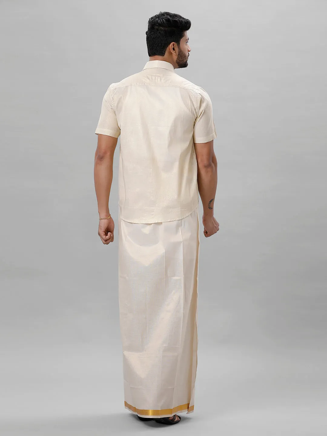 Like Father Like Son Half Sleeves Tissue Jari Shirt Dhoti Combo Sankalpam Gold