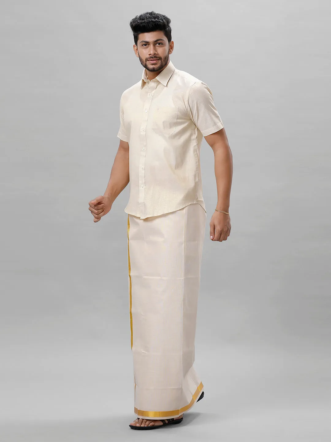 Like Father Like Son Half Sleeves Tissue Jari Shirt Dhoti Combo Sankalpam Gold