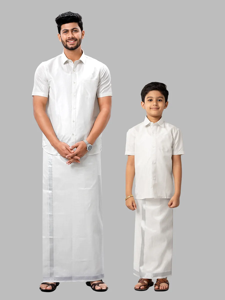 Like Father Like Son Half Sleeves Tissue Jari Shirt Dhoti Combo Sankalpam Silver