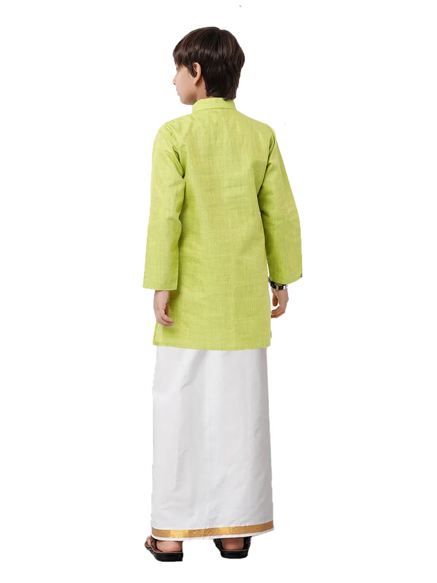 Like Father Like Son Parrot Green Kurta and Gold Jari White Dhoti Combo FS2