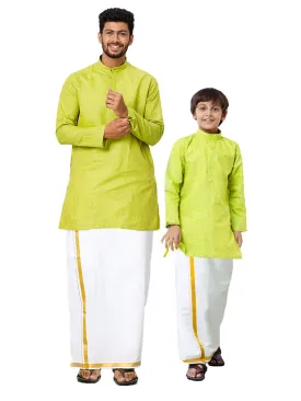 Like Father Like Son Parrot Green Kurta and Gold Jari White Dhoti Combo FS2