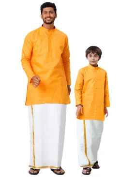 Like Father Like Son Yellow Kurta and Gold Jari White Dhoti Combo FS1