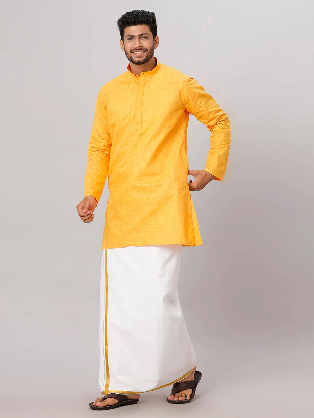 Like Father Like Son Yellow Kurta and Gold Jari White Dhoti Combo FS1