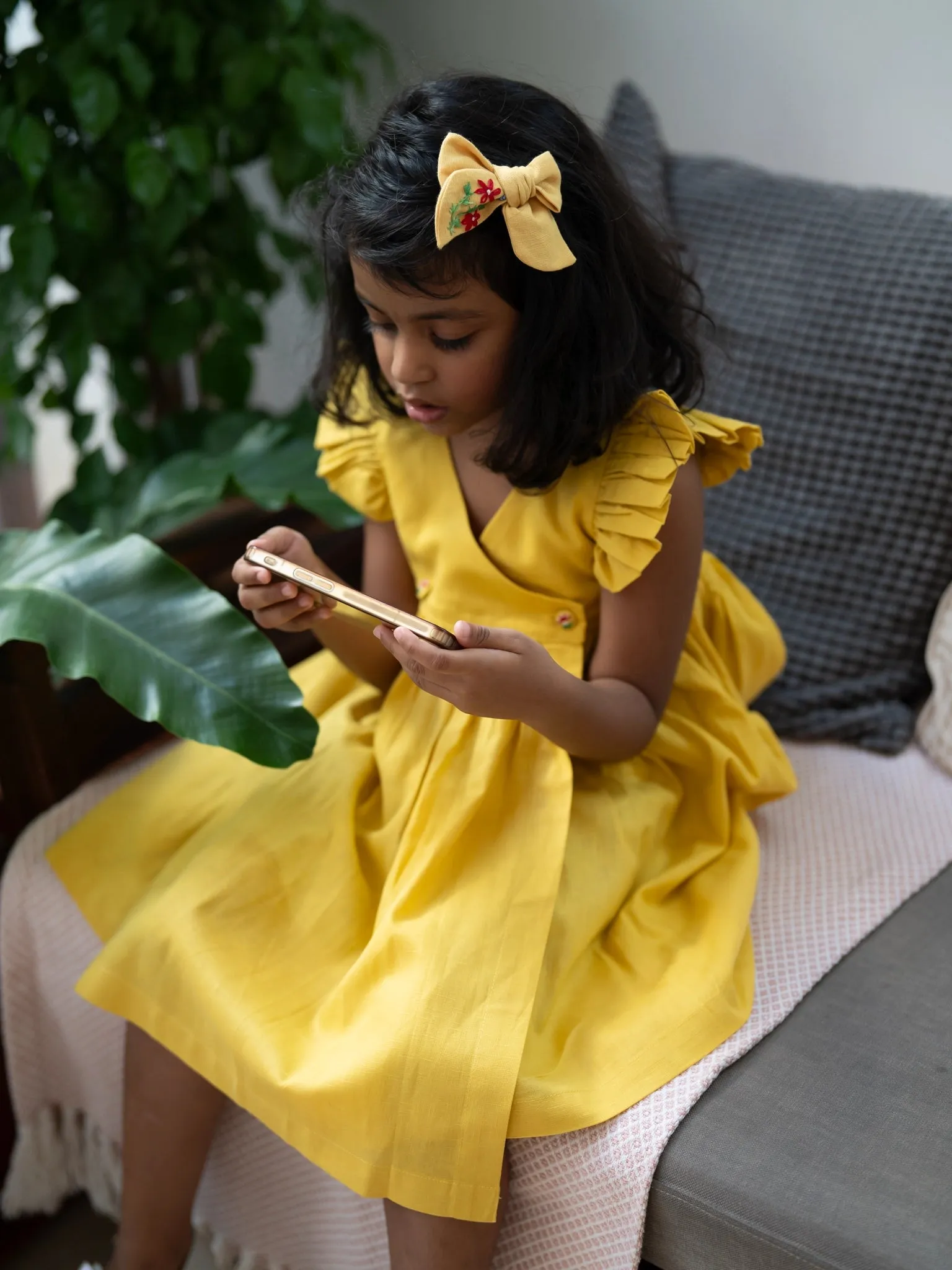 Organic Flutter Sleeve Wrap dress - Baby Yellow