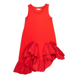 RED SLEEVELESS FLOUNCE DRESS