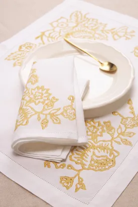 SET OF TWO BLOCK PRINTED AJOUR LINEN PLACEMATS & NAPKINS