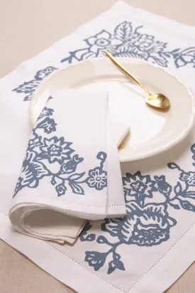 SET OF TWO BLOCK PRINTED AJOUR LINEN PLACEMATS & NAPKINS