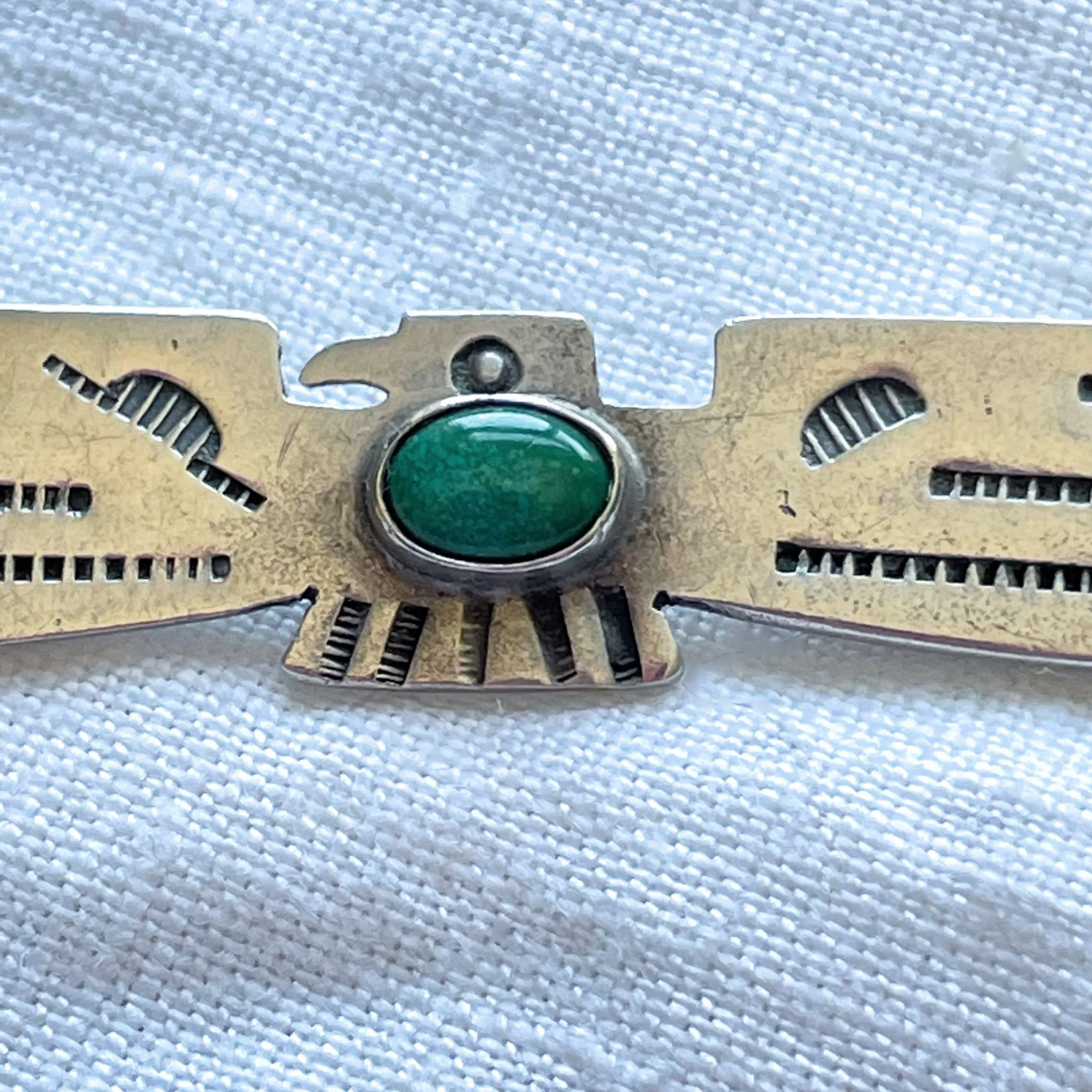 SOLD Vintage Silver Thunderbird Fred Harvey Era Brooch, Turquoise Stamped Pin