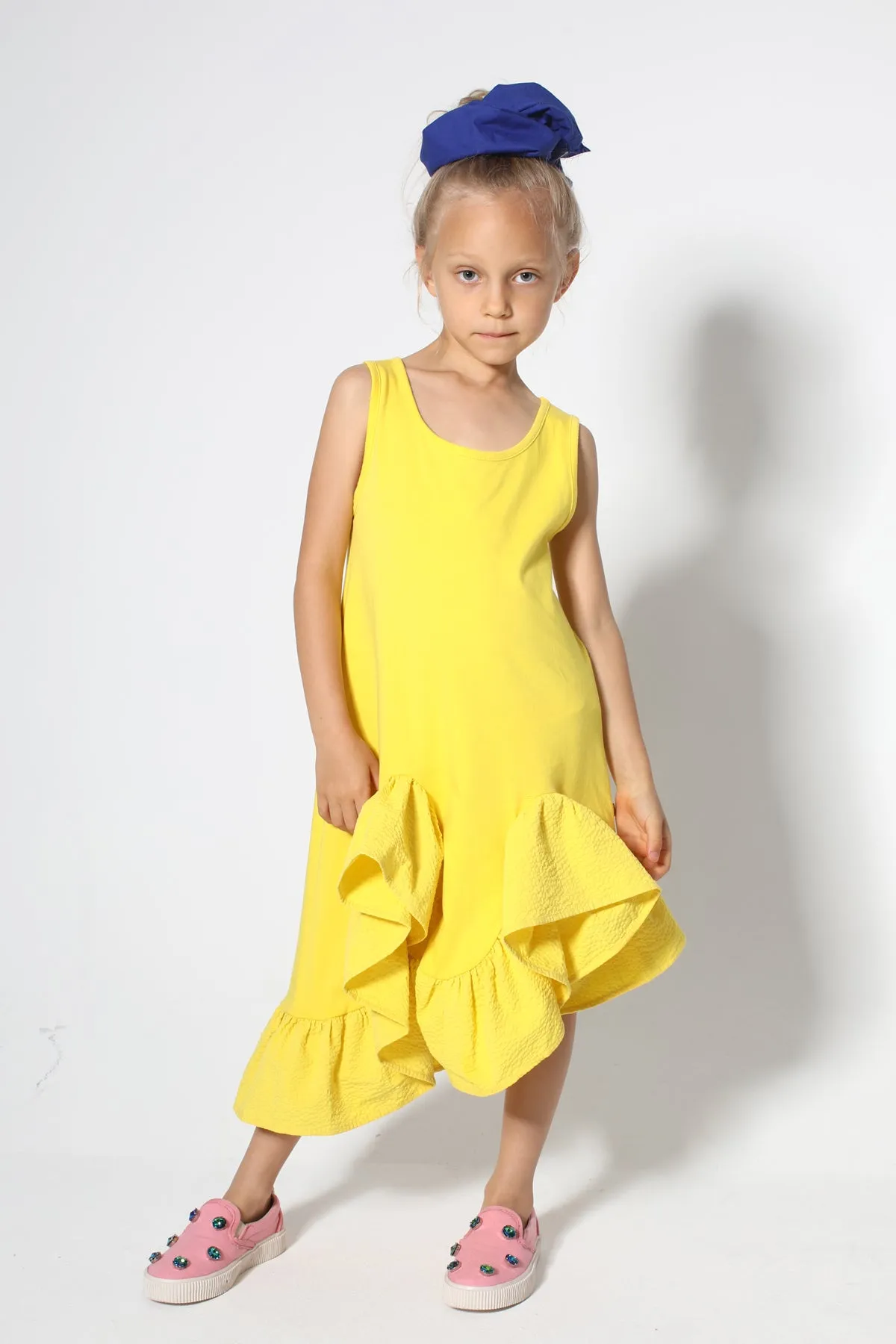 YELLOW SLEEVELESS FLOUNCE DRESS